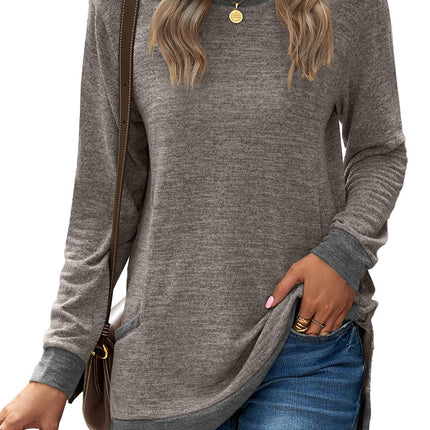 Women's Casual Long Sleeve Color Block Tops Crewneck Loose Fit T Shirt with Pockets