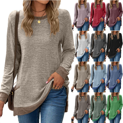 Women's Casual Long Sleeve Color Block Tops Crewneck Loose Fit T Shirt with Pockets