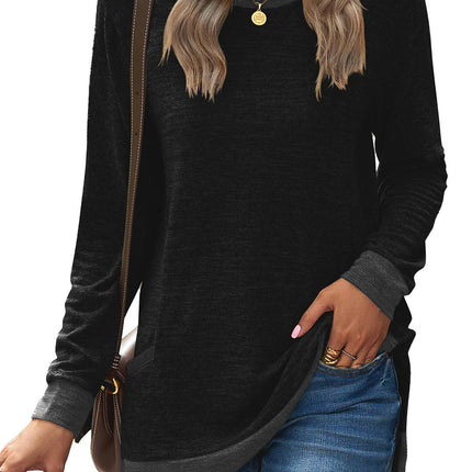 Women's Casual Long Sleeve Color Block Tops Crewneck Loose Fit T Shirt with Pockets