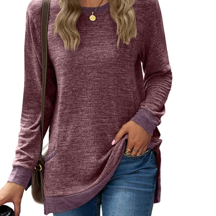 Women's Casual Long Sleeve Color Block Tops Crewneck Loose Fit T Shirt with Pockets