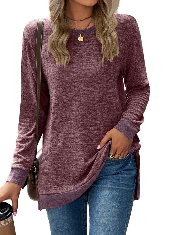 Women's Casual Long Sleeve Color Block Tops Crewneck Loose Fit T Shirt with Pockets