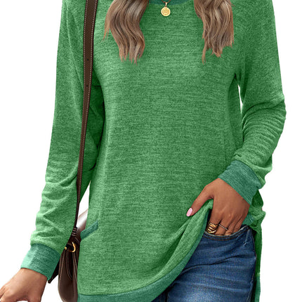 Women's Casual Long Sleeve Color Block Tops Crewneck Loose Fit T Shirt with Pockets