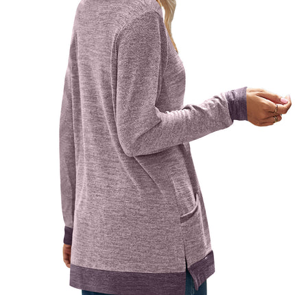 Women's Casual Long Sleeve Color Block Tops Crewneck Loose Fit T Shirt with Pockets