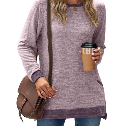 Women's Casual Long Sleeve Color Block Tops Crewneck Loose Fit T Shirt with Pockets