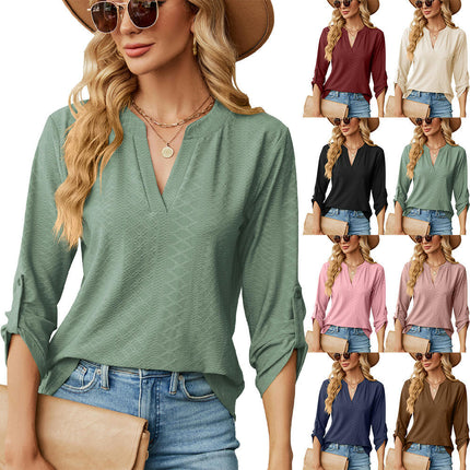 Women's Casual Tunic Blouses 3/4 Roll Sleeve V Neck Shirts Tops