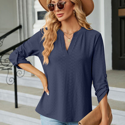 Women's Casual Tunic Blouses 3/4 Roll Sleeve V Neck Shirts Tops