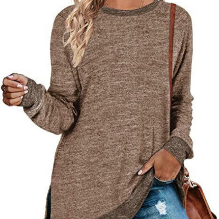 Women's Crewneck Shirts Color Block Long Sleeve Side Split Tunic Tops