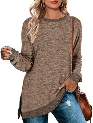 Women's Crewneck Shirts Color Block Long Sleeve Side Split Tunic Tops