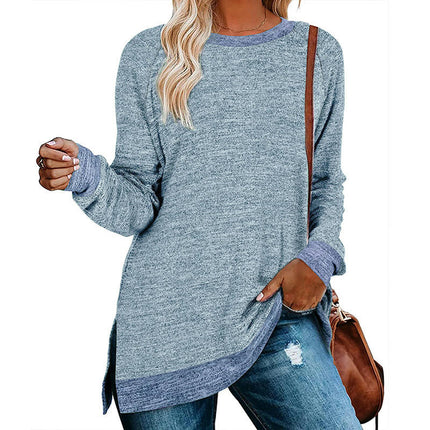 Women's Crewneck Shirts Color Block Long Sleeve Side Split Tunic Tops