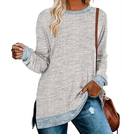 Women's Crewneck Shirts Color Block Long Sleeve Side Split Tunic Tops