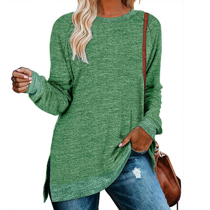 Women's Crewneck Shirts Color Block Long Sleeve Side Split Tunic Tops