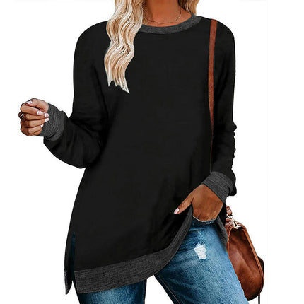 Women's Crewneck Shirts Color Block Long Sleeve Side Split Tunic Tops