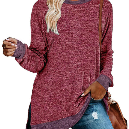 Women's Crewneck Shirts Color Block Long Sleeve Side Split Tunic Tops