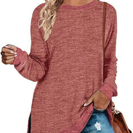 Women's Crewneck Shirts Color Block Long Sleeve Side Split Tunic Tops