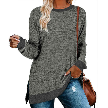 Women's Crewneck Shirts Color Block Long Sleeve Side Split Tunic Tops