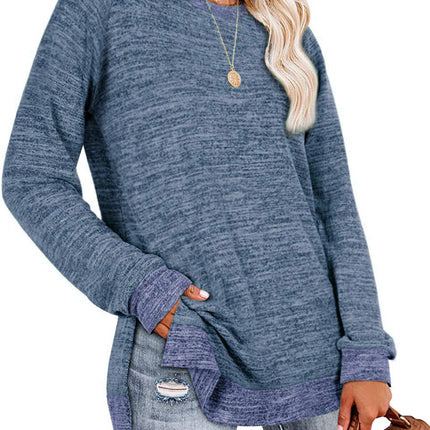 Women's Crewneck Shirts Color Block Long Sleeve Side Split Tunic Tops