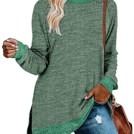 Women's Crewneck Shirts Color Block Long Sleeve Side Split Tunic Tops