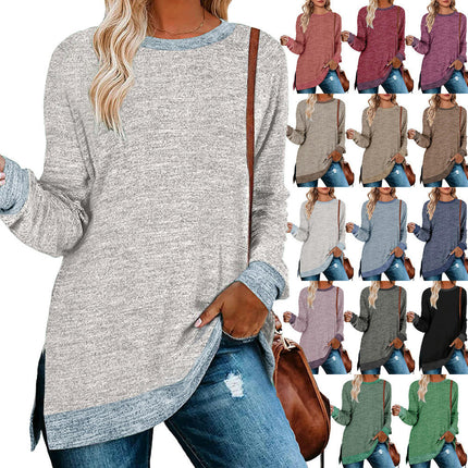 Women's Crewneck Shirts Color Block Long Sleeve Side Split Tunic Tops