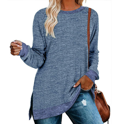 Women's Crewneck Shirts Color Block Long Sleeve Side Split Tunic Tops