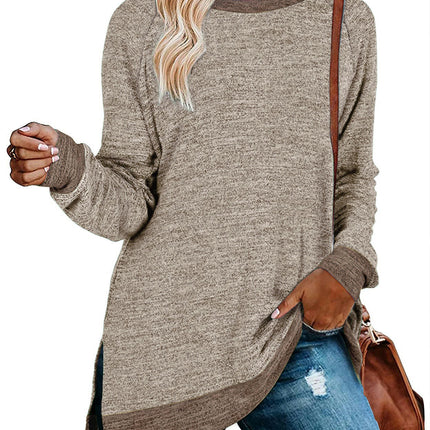 Women's Crewneck Shirts Color Block Long Sleeve Side Split Tunic Tops