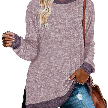 Women's Crewneck Shirts Color Block Long Sleeve Side Split Tunic Tops