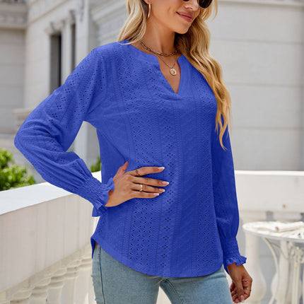 Women's Casual V Neck T Shirts Smocked Puff Long Sleeve Tops Loose Blouses