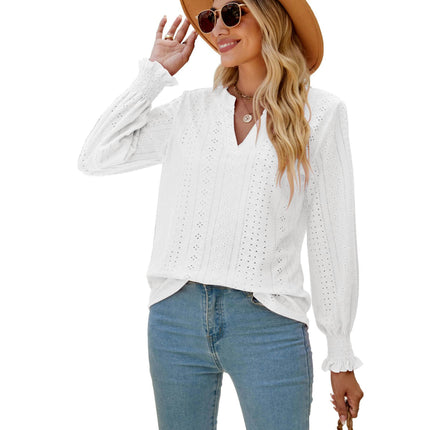 Women's Casual V Neck T Shirts Smocked Puff Long Sleeve Tops Loose Blouses