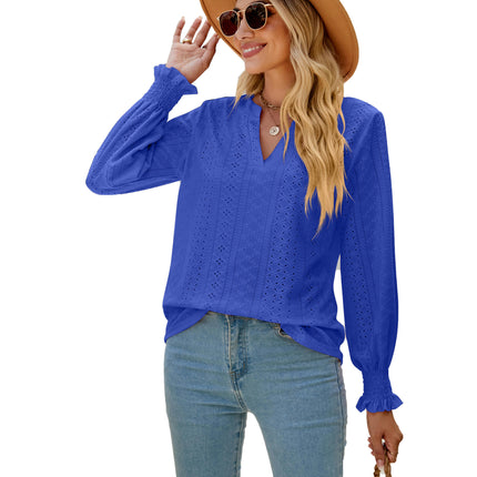 Women's Casual V Neck T Shirts Smocked Puff Long Sleeve Tops Loose Blouses