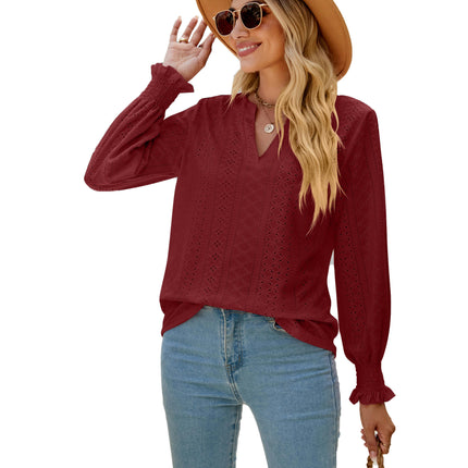 Women's Casual V Neck T Shirts Smocked Puff Long Sleeve Tops Loose Blouses