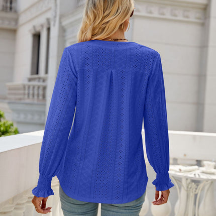 Women's Casual V Neck T Shirts Smocked Puff Long Sleeve Tops Loose Blouses