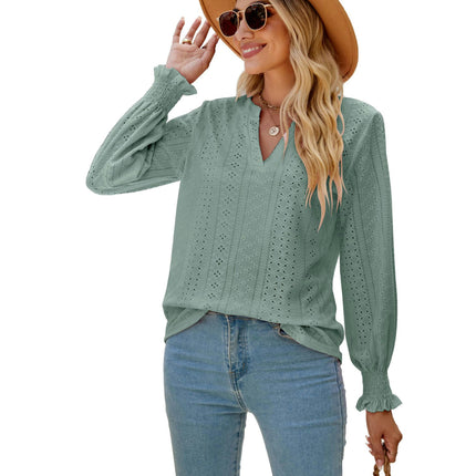 Women's Casual V Neck T Shirts Smocked Puff Long Sleeve Tops Loose Blouses