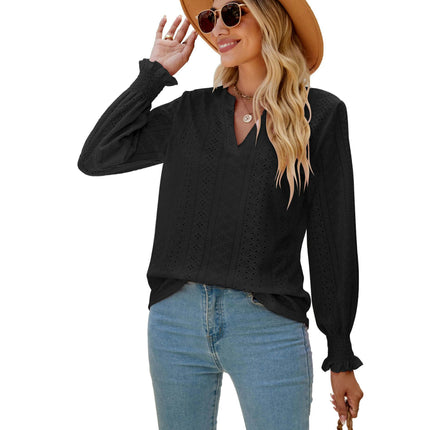 Women's Casual V Neck T Shirts Smocked Puff Long Sleeve Tops Loose Blouses