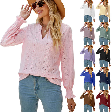 Women's Casual V Neck T Shirts Smocked Puff Long Sleeve Tops Loose Blouses