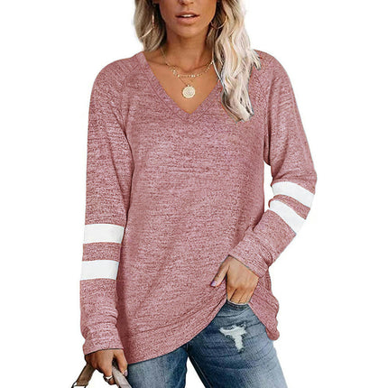 Women's Long Sleeve Color Block Tunics Tops V Neck Shirts Casual Blouses