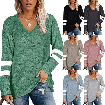 Women's Long Sleeve Color Block Tunics Tops V Neck Shirts Casual Blouses