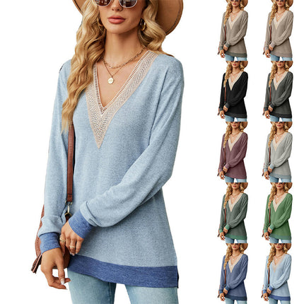 Women's Long Sleeve Tops Lace V Neck Loose Fit Color Block Tunic Shirts