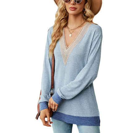 Women's Long Sleeve Tops Lace V Neck Loose Fit Color Block Tunic Shirts