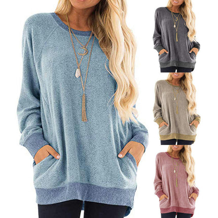 Women's Casual Color Block Long Sleeve Round Neck Pocket T Shirts Blouses Tops