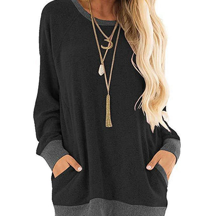 Women's Casual Color Block Long Sleeve Round Neck Pocket T Shirts Blouses Tops