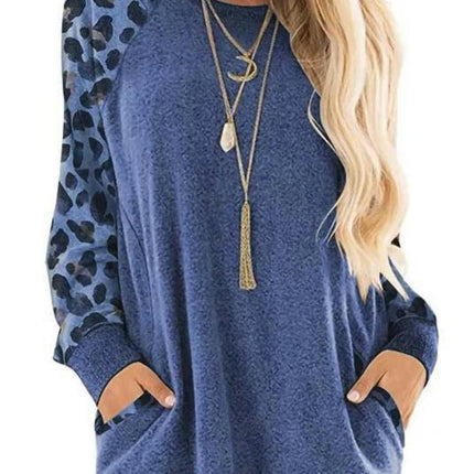 Women's Casual Color Block Long Sleeve Round Neck Pocket T Shirts Blouses Tops