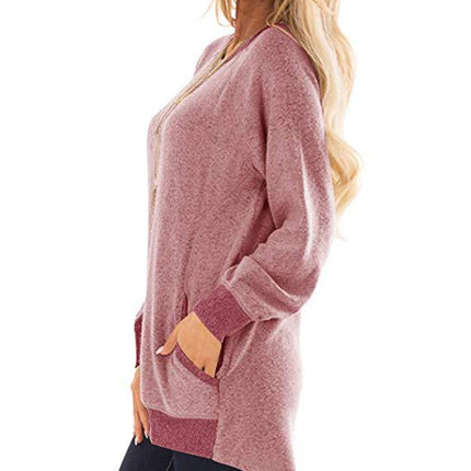 Women's Casual Color Block Long Sleeve Round Neck Pocket T Shirts Blouses Tops