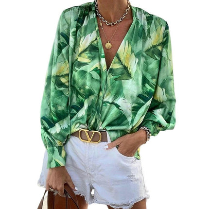 Women's Casual Boho Print V Neck Long Sleeve Button Up Loose Shirts Tops