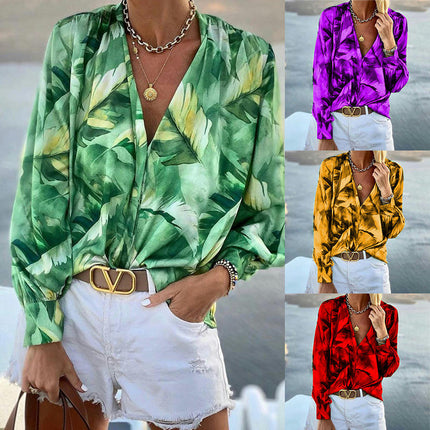 Women's Casual Boho Print V Neck Long Sleeve Button Up Loose Shirts Tops