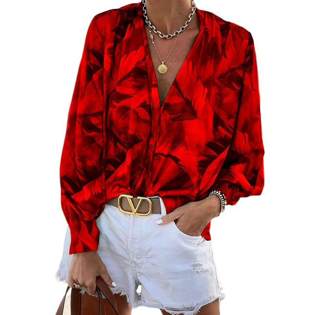 Women's Casual Boho Print V Neck Long Sleeve Button Up Loose Shirts Tops