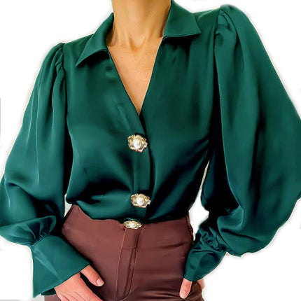 Women's Satin Blouse Button Down Shirts Loose Long Sleeve Tunic Tops