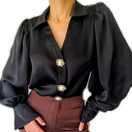 Women's Satin Blouse Button Down Shirts Loose Long Sleeve Tunic Tops