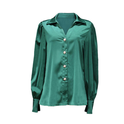 Women's Satin Blouse Button Down Shirts Loose Long Sleeve Tunic Tops