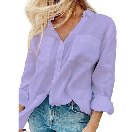 Women's Cotton Linen V Neck Button Down Shirt Long Sleeve Collared Blouse Top