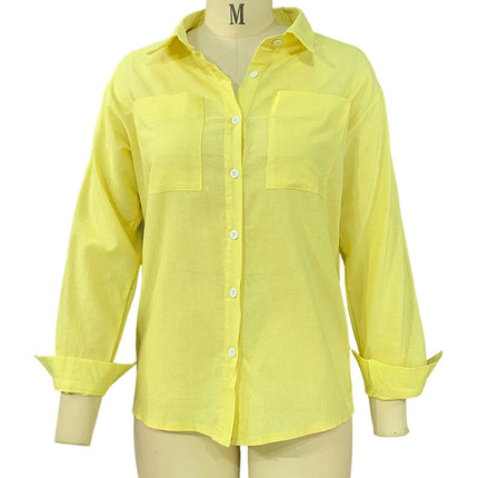 Women's Cotton Linen V Neck Button Down Shirt Long Sleeve Collared Blouse Top