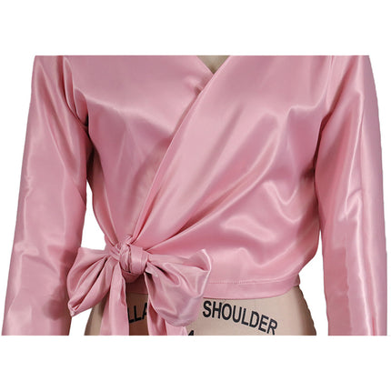 Long Sleeve Satin Tops for Women Sexy Deep V Neck Wrap  Blouse T-Shirt